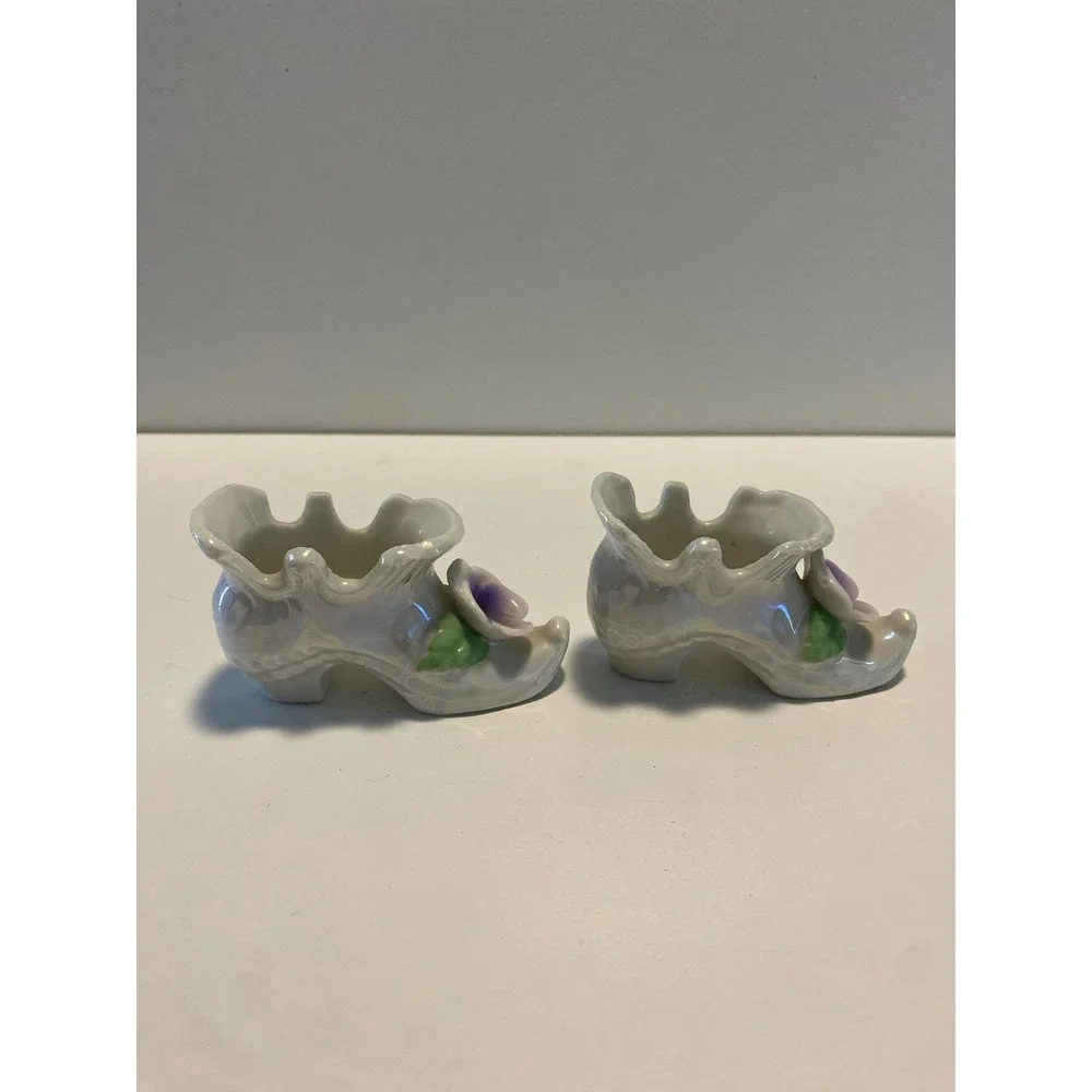Ceramic Shoe Figurines with Violet Flowers,‎ Iridescent Glaze, Decorative Pair